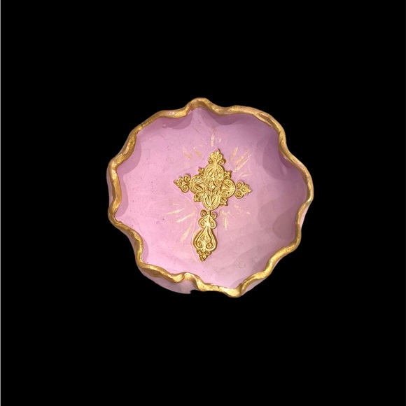 Round Pottery Pink Trinket Tray Dish Embossed With Gold Cross Handmade - Picture 3 of 3